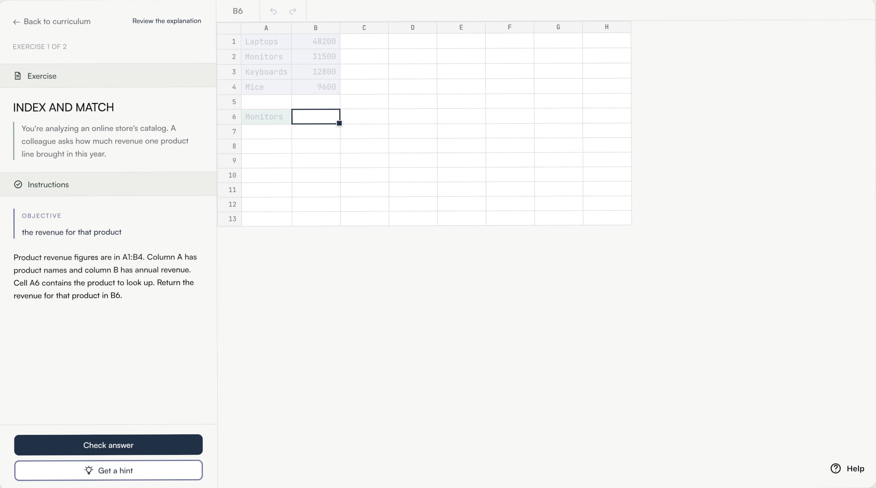 Calcu spreadsheet exercise with formulas and instant feedback