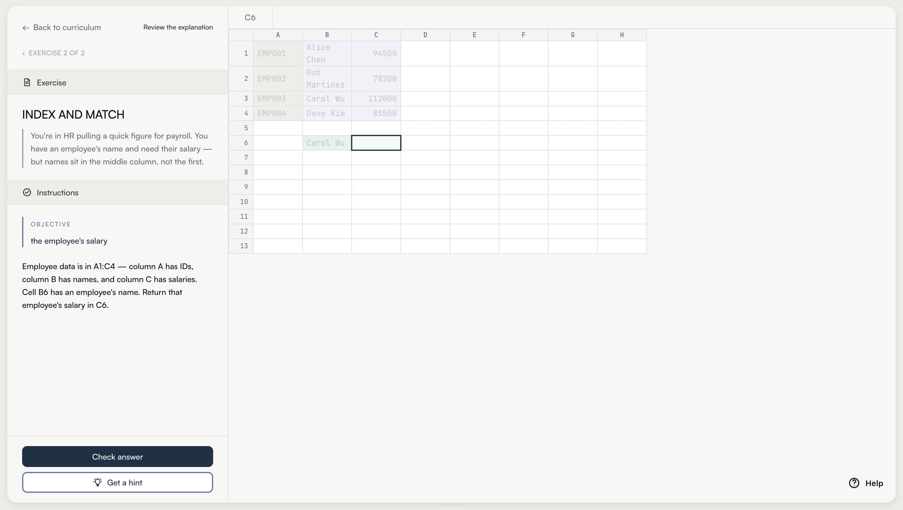 Calcu INDEX MATCH exercise interface